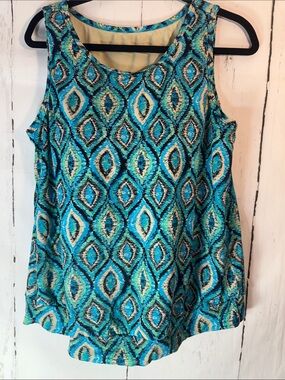 Sleeveless Geometric Print Swimsuit Tank Top - Turquoise Blue